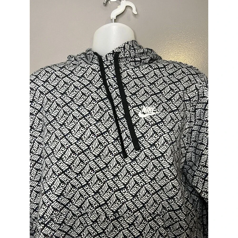 Nike Hoodie Mens Large Black Allover Graphic Logo Fleece Pullover Sweatshirt